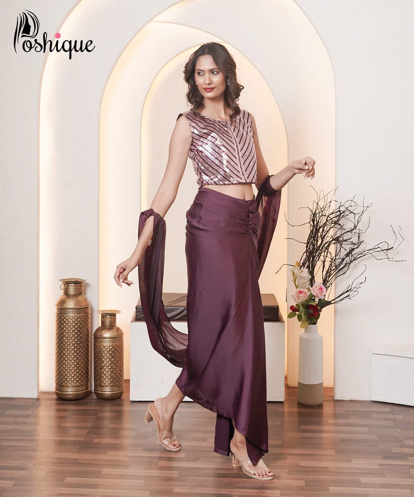 Wine Sequin Blouse & Draped Satin Skirt Set